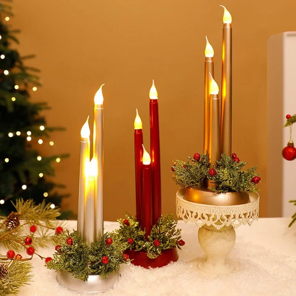 Flameless LED Candle Centerpiece with Flickering Taper Lights and Holiday Greenery