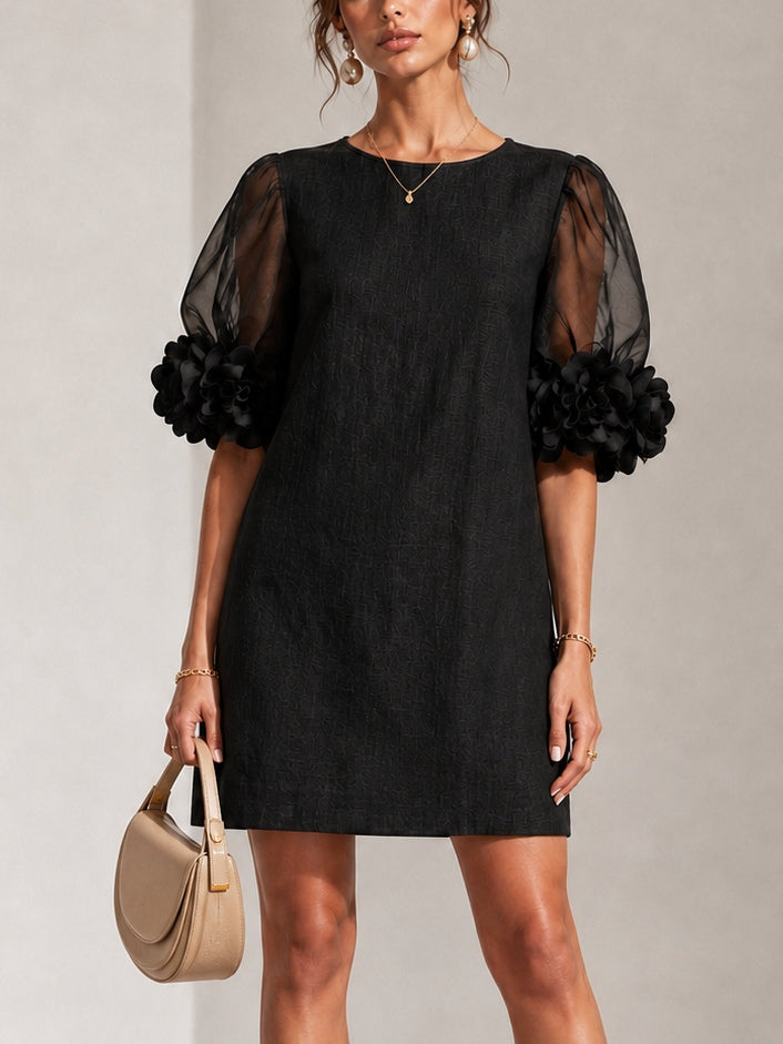 Floral-Cuff Puff-Sleeve Mini Dress