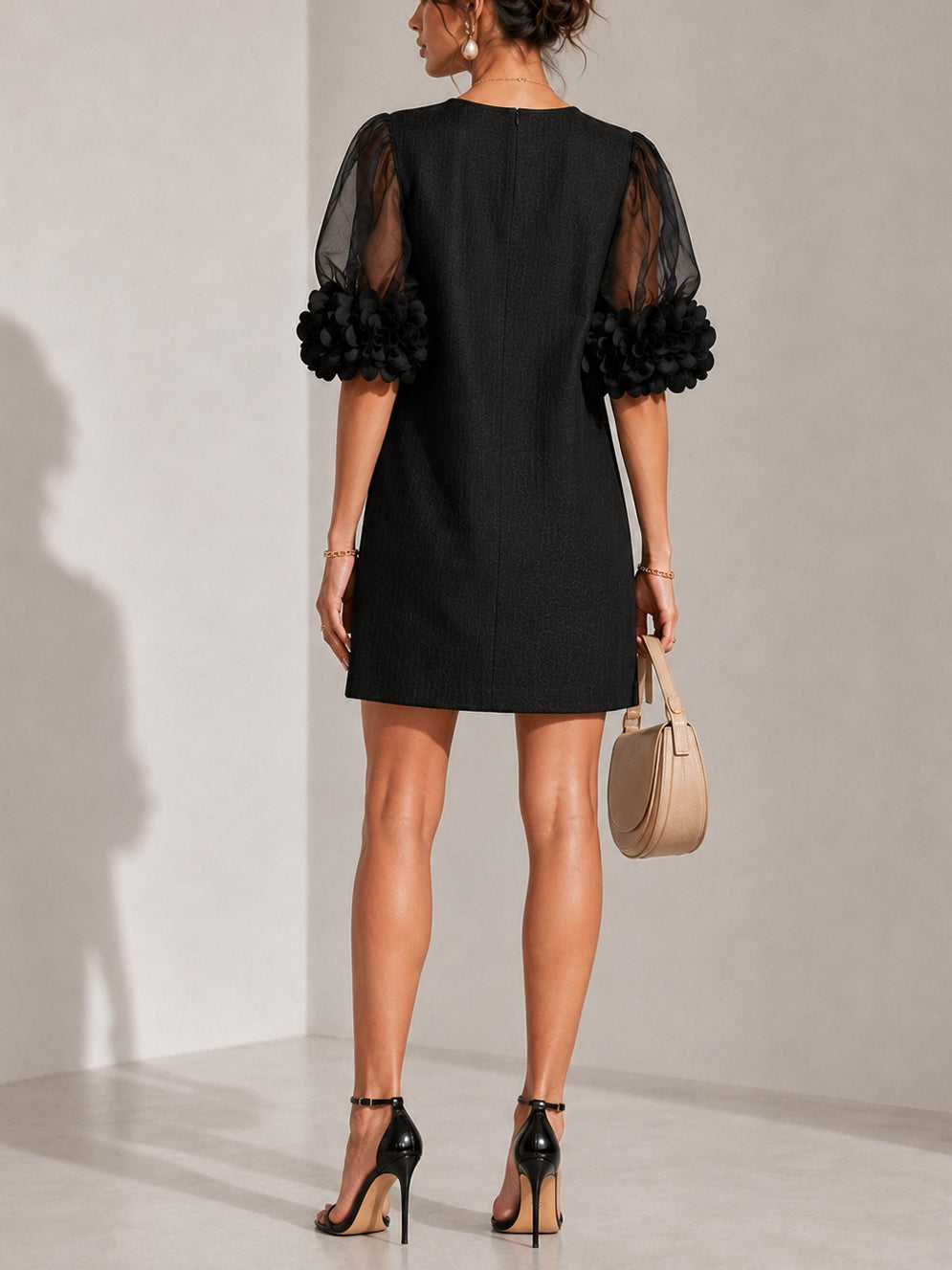 Floral-Cuff Puff-Sleeve Mini Dress