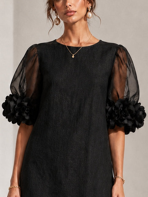 Floral-Cuff Puff-Sleeve Mini Dress