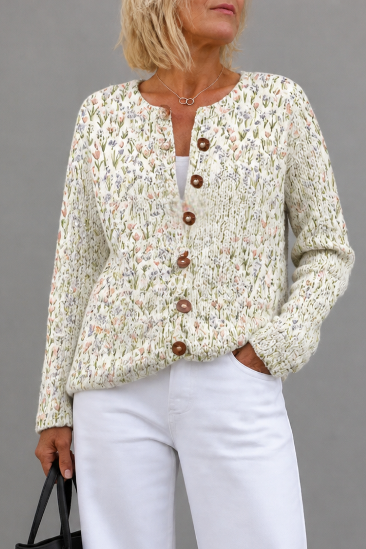 Floral Print Open-Front Knit Cardigan