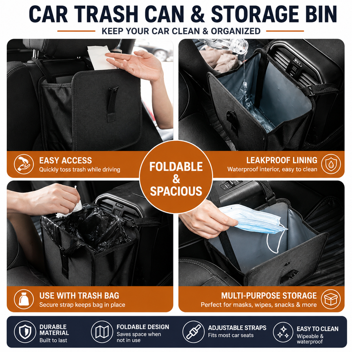Foldable Hanging Car Trash Can and Storage Organizer with Snap Lid and Adjustable Strap