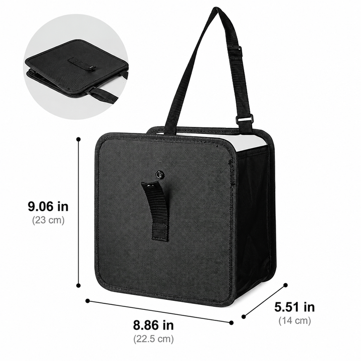 Foldable Hanging Car Trash Can and Storage Organizer with Snap Lid and Adjustable Strap