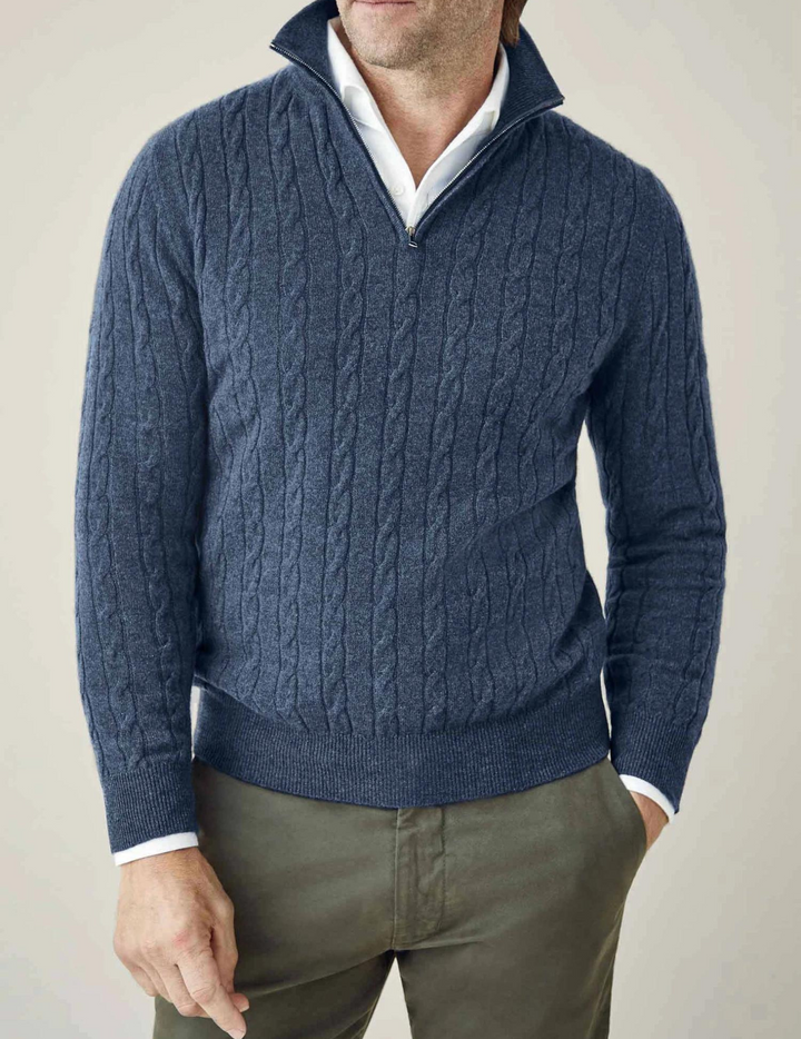 Half-Zip Cable-Knit Sweater – Adjustable Warmth