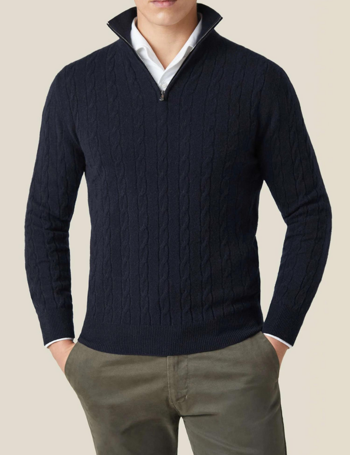 Half-Zip Cable-Knit Sweater – Adjustable Warmth