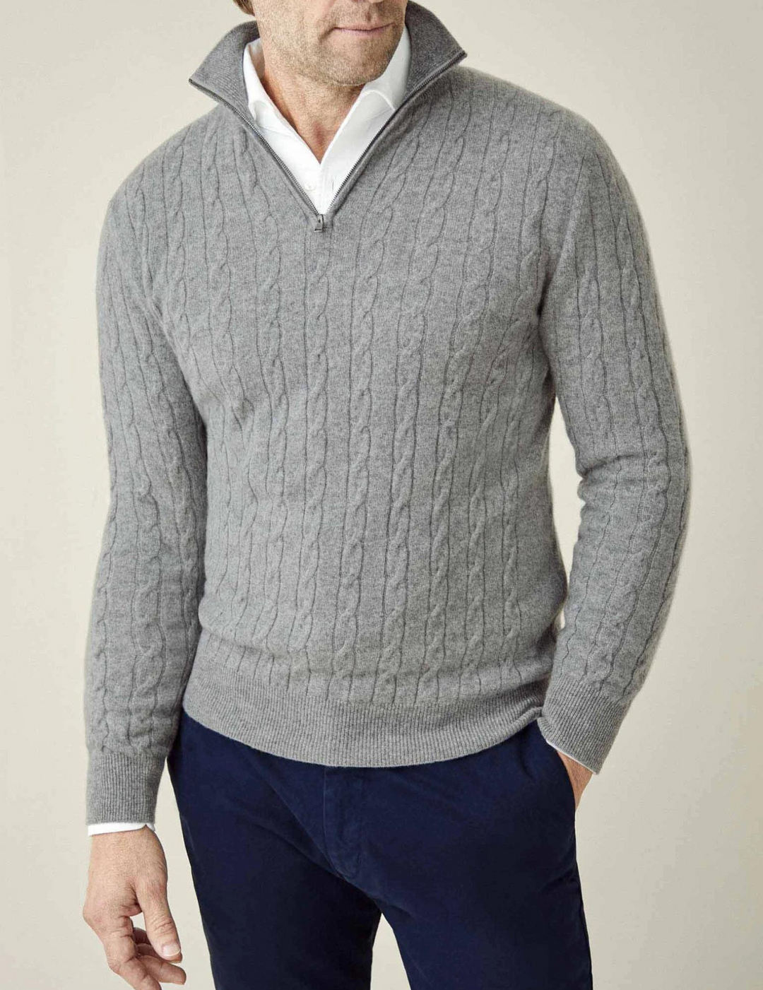 Half-Zip Cable-Knit Sweater – Adjustable Warmth