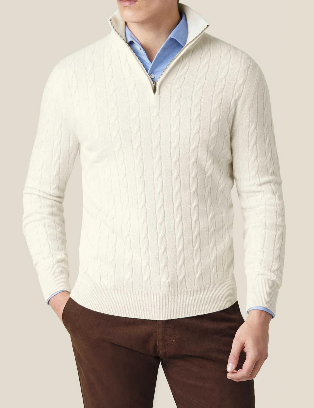 Half-Zip Cable-Knit Sweater – Adjustable Warmth