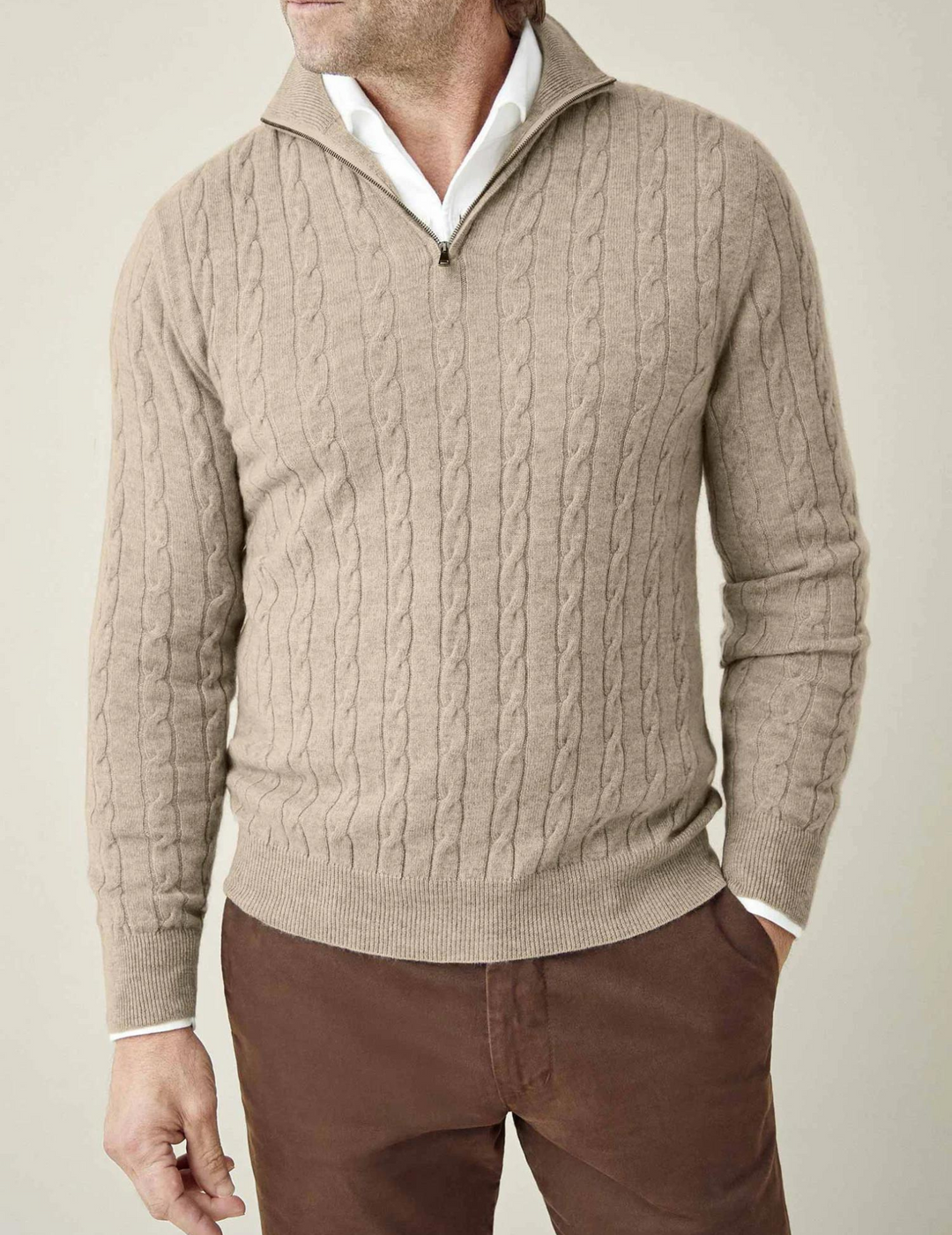 Half-Zip Cable-Knit Sweater – Adjustable Warmth