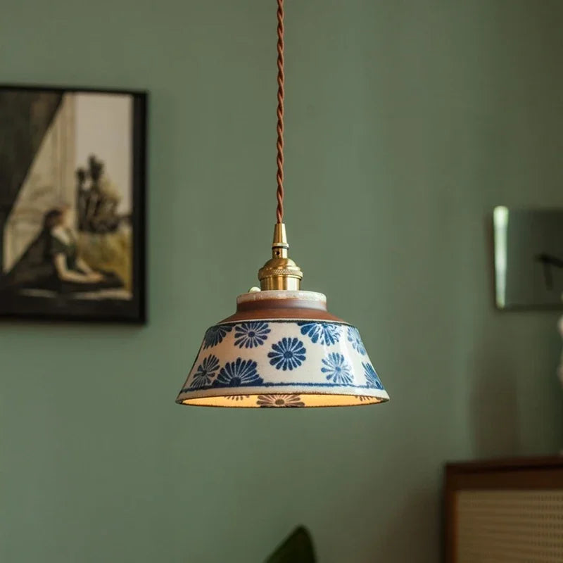 Hand-Painted Ceramic Pendant Light with Copper Details