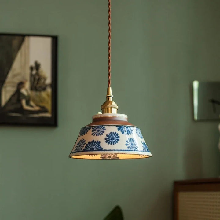 Hand-Painted Ceramic Pendant Light with Copper Details