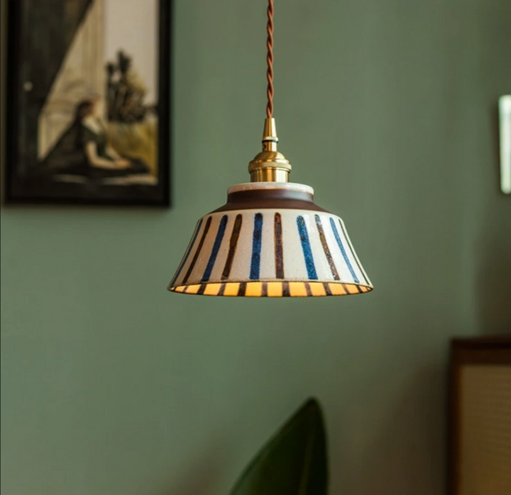 Hand-Painted Ceramic Pendant Light with Copper Details