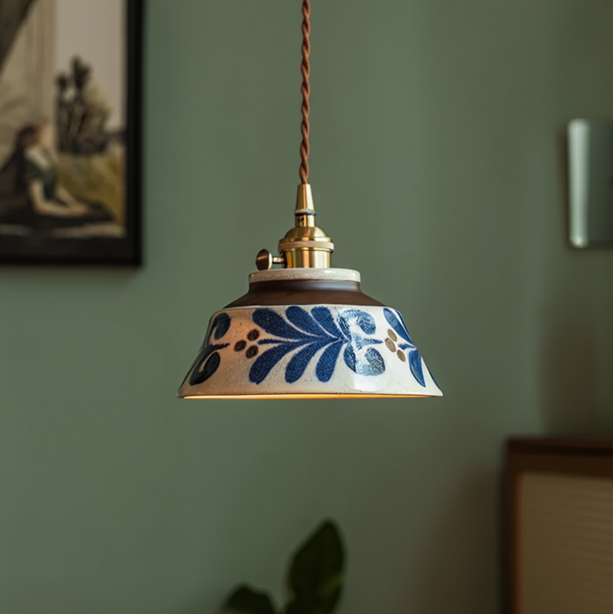 Hand-Painted Ceramic Pendant Light with Copper Details