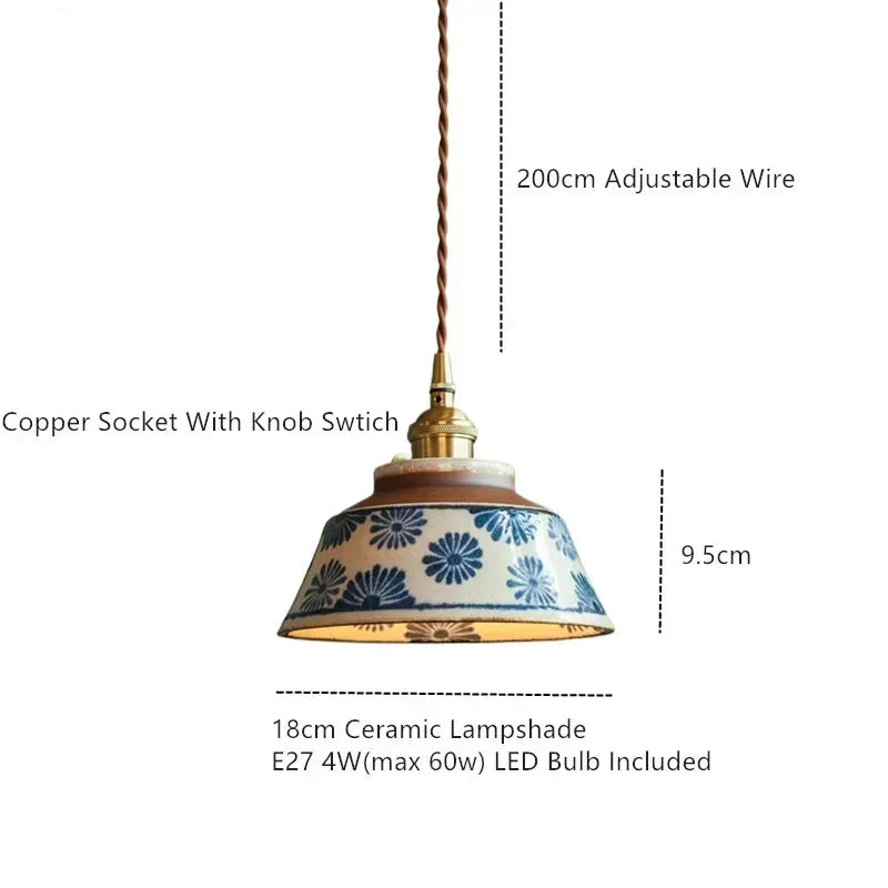 Hand-Painted Ceramic Pendant Light with Copper Details