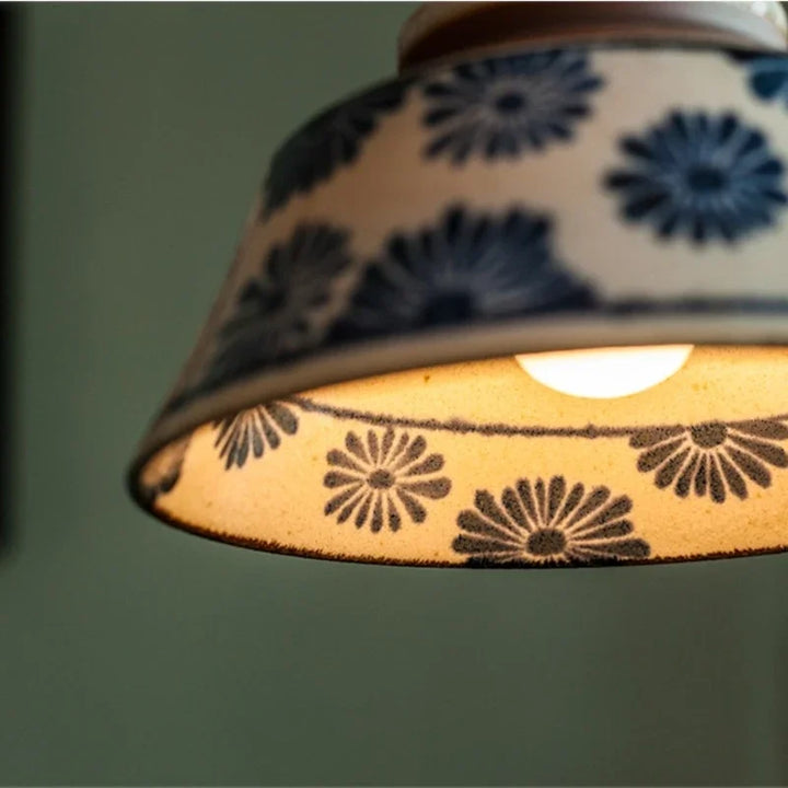 Hand-Painted Ceramic Pendant Light with Copper Details