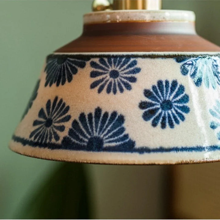 Hand-Painted Ceramic Pendant Light with Copper Details
