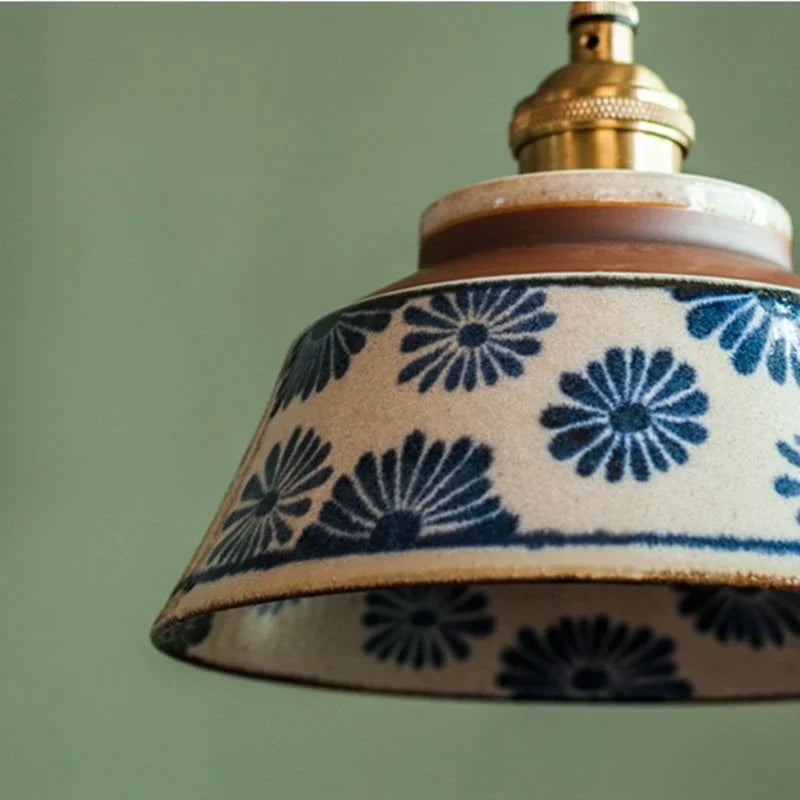 Hand-Painted Ceramic Pendant Light with Copper Details
