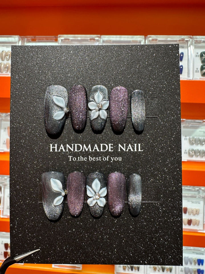 Handmade Glitter Press-On Nail Set with Floral Accents