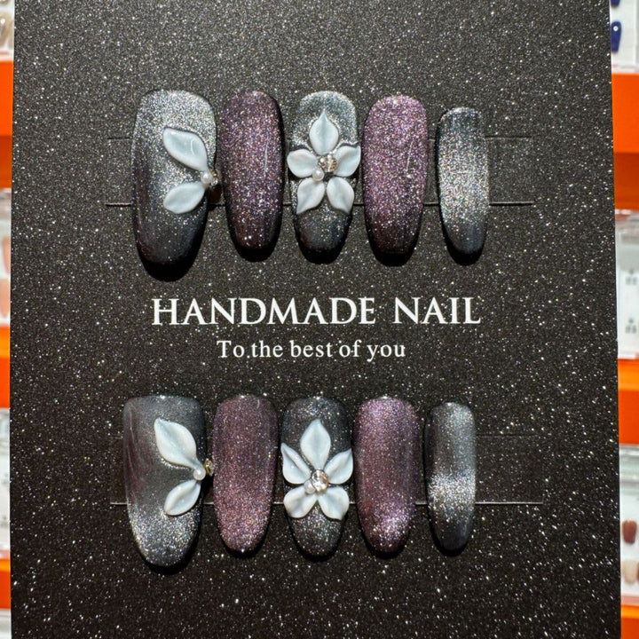 Handmade Glitter Press-On Nail Set with Floral Accents