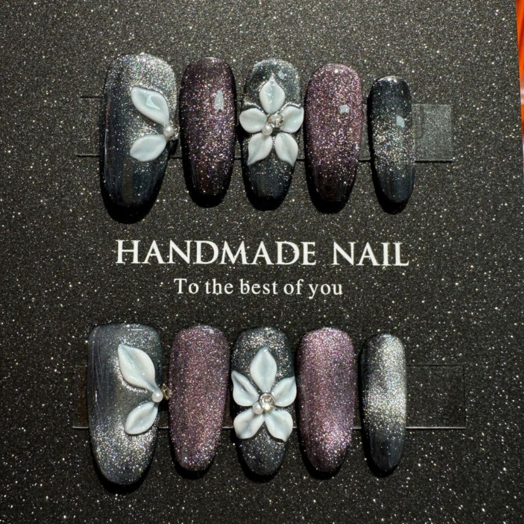 Handmade Glitter Press-On Nail Set with Floral Accents