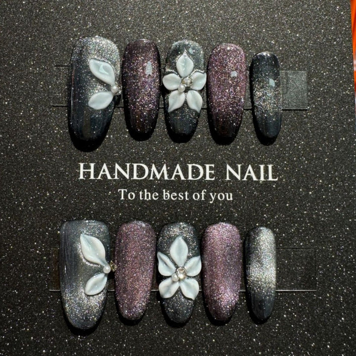 Handmade Glitter Press-On Nail Set with Floral Accents