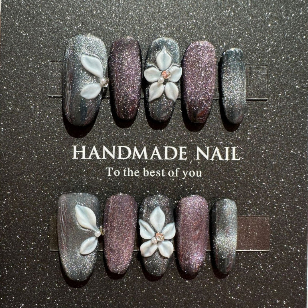 Handmade Glitter Press-On Nail Set with Floral Accents