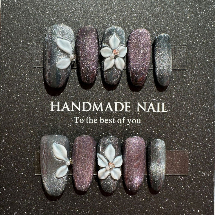Handmade Glitter Press-On Nail Set with Floral Accents
