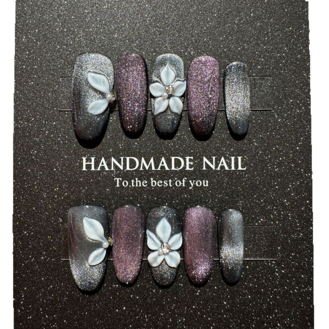 Handmade Glitter Press-On Nail Set with Floral Accents