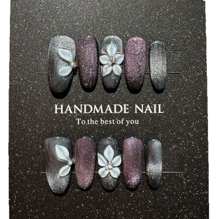 Handmade Glitter Press-On Nail Set with Floral Accents