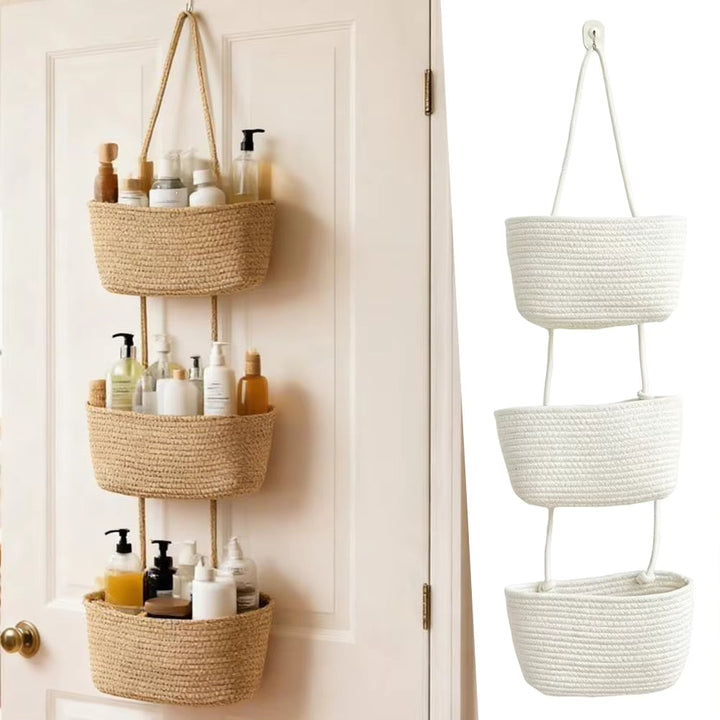 Hanging Basket Organizer with 3 Compartments and Door Hook for Vertical Storage
