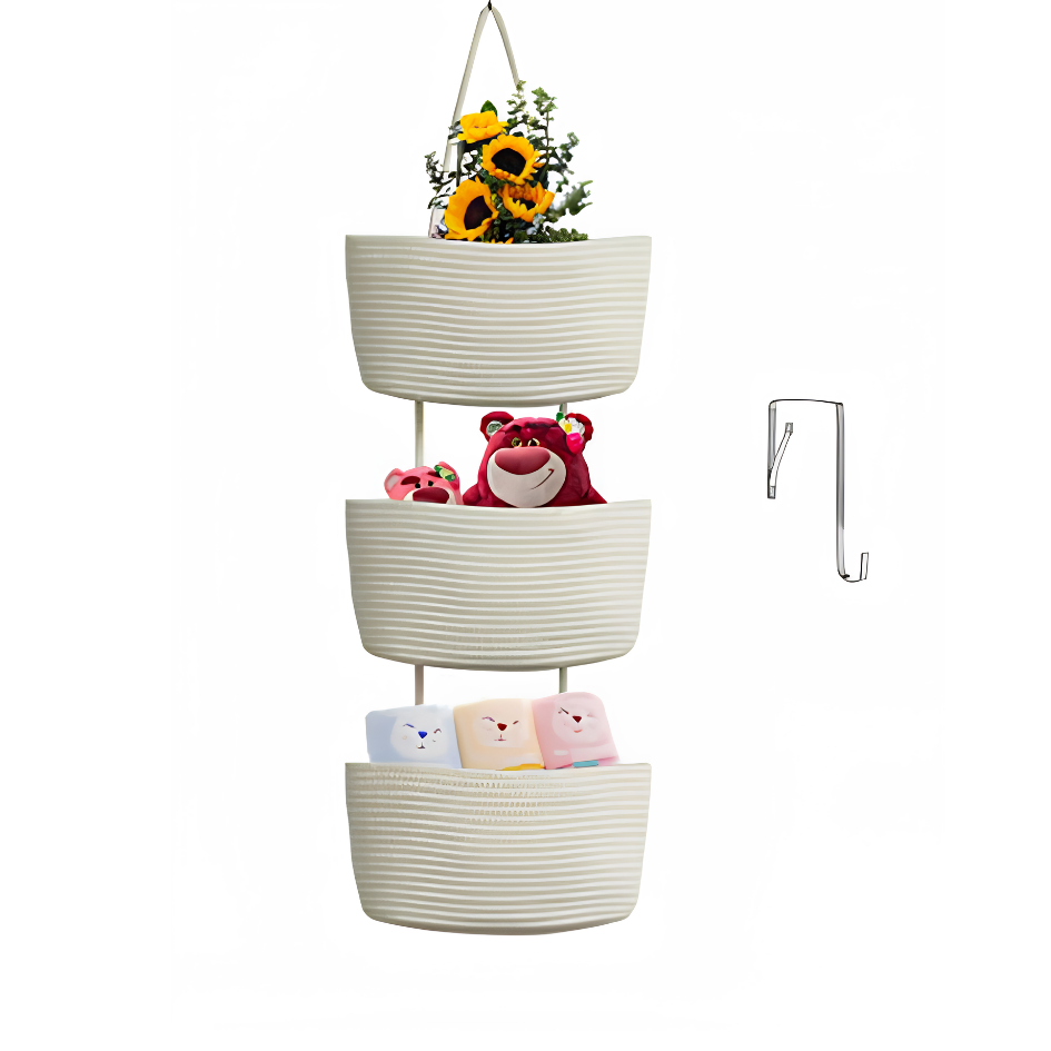 Hanging Basket Organizer with 3 Compartments and Door Hook for Vertical Storage