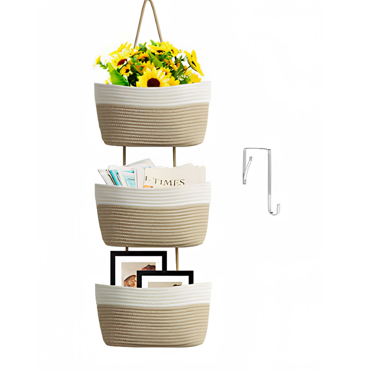 Hanging Basket Organizer with 3 Compartments and Door Hook for Vertical Storage