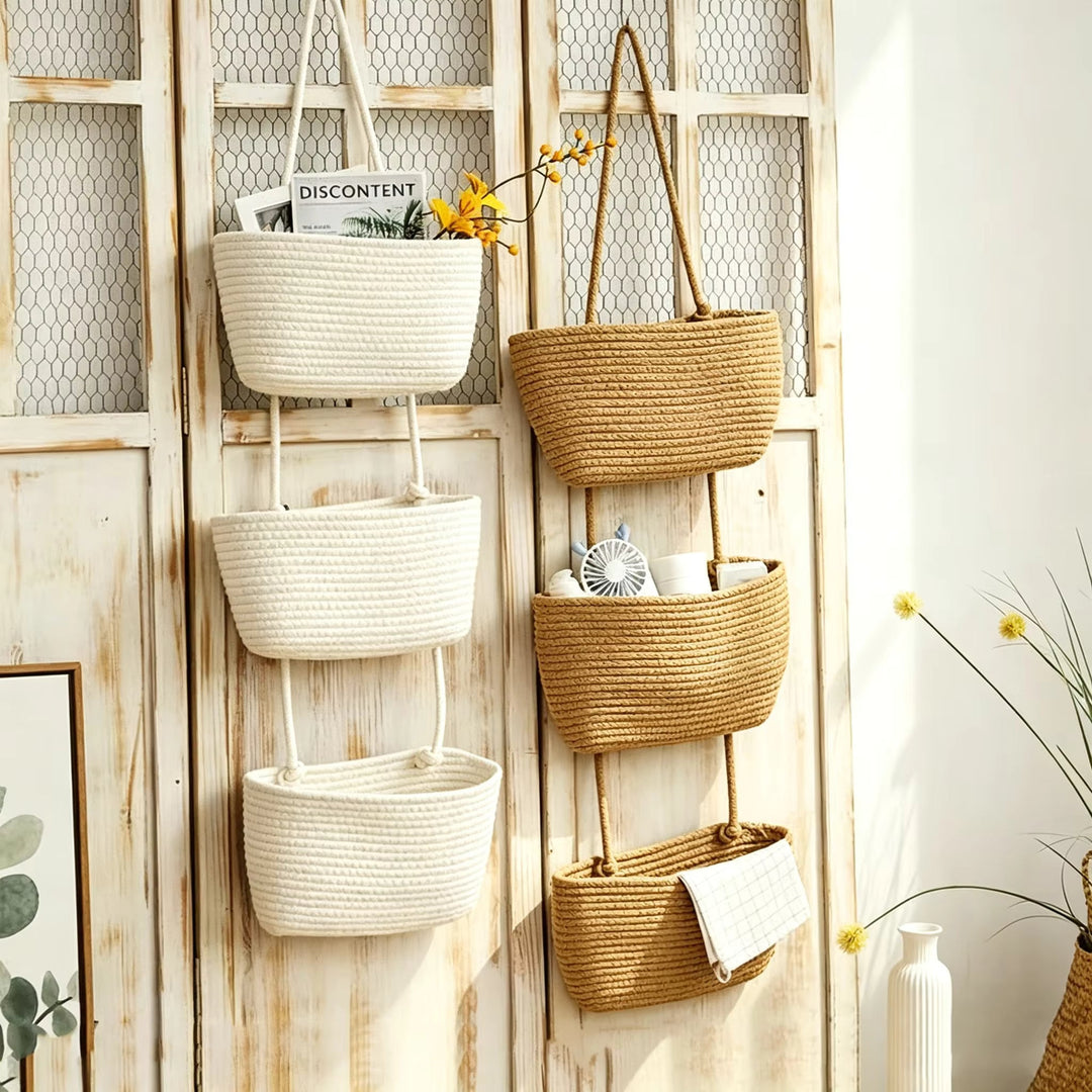 Hanging Basket Organizer with 3 Compartments and Door Hook for Vertical Storage