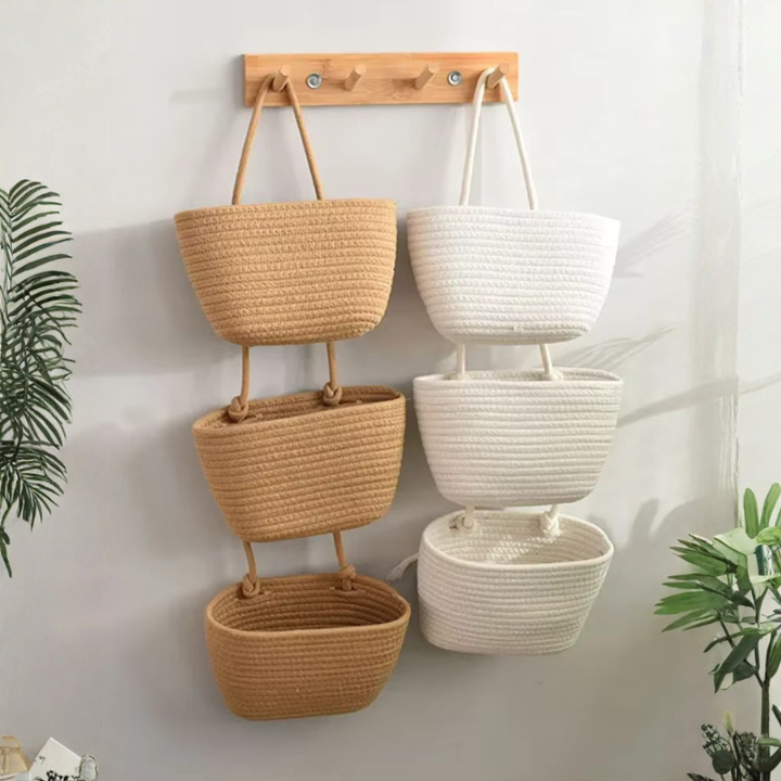 Hanging Basket Organizer with 3 Compartments and Door Hook for Vertical Storage