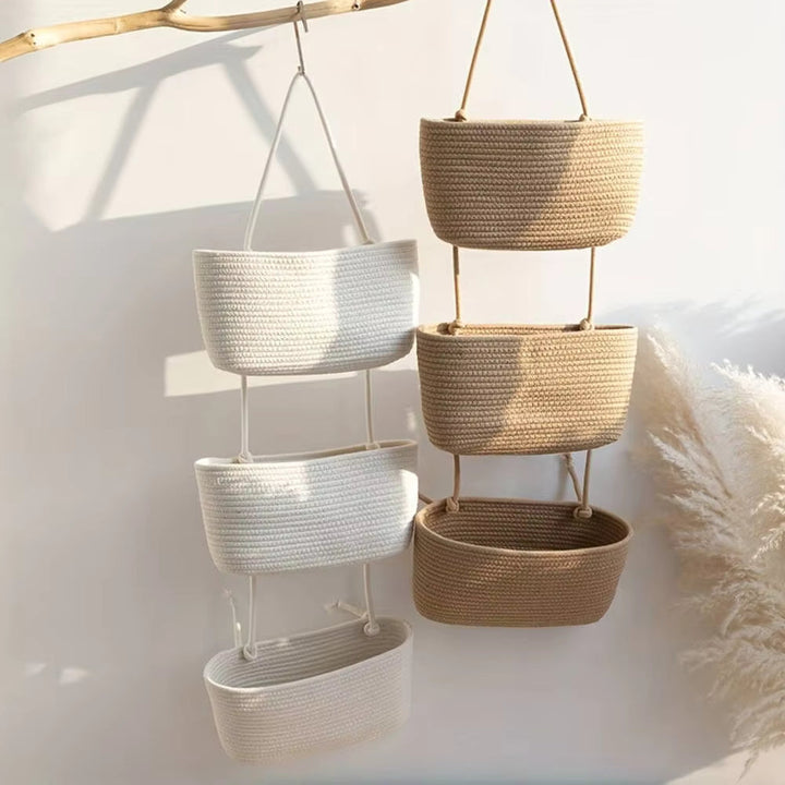Hanging Basket Organizer with 3 Compartments and Door Hook for Vertical Storage