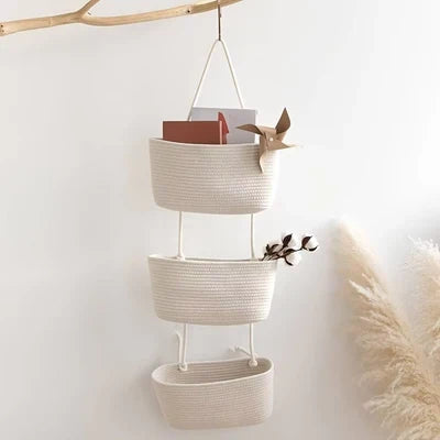 Hanging Basket Organizer with 3 Compartments and Door Hook for Vertical Storage