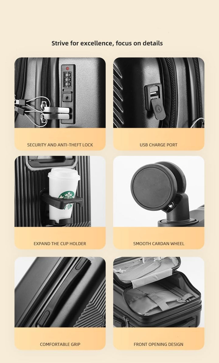 Hard Shell Carry-On with Cup Holder, USB Port &amp; TSA Lock