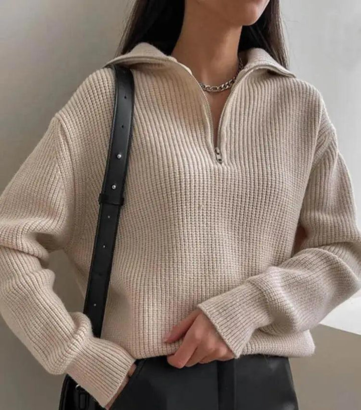 High Neck Zip Sweater 1/4 Long Sleeves Women