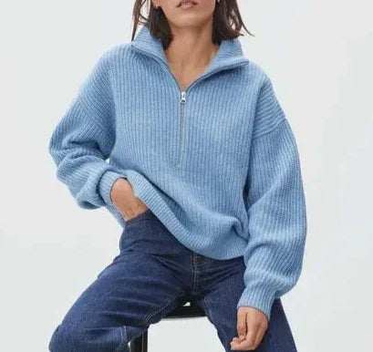 High Neck Zip Sweater 1/4 Long Sleeves Women