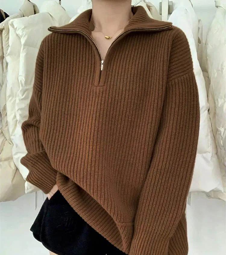 High Neck Zip Sweater 1/4 Long Sleeves Women
