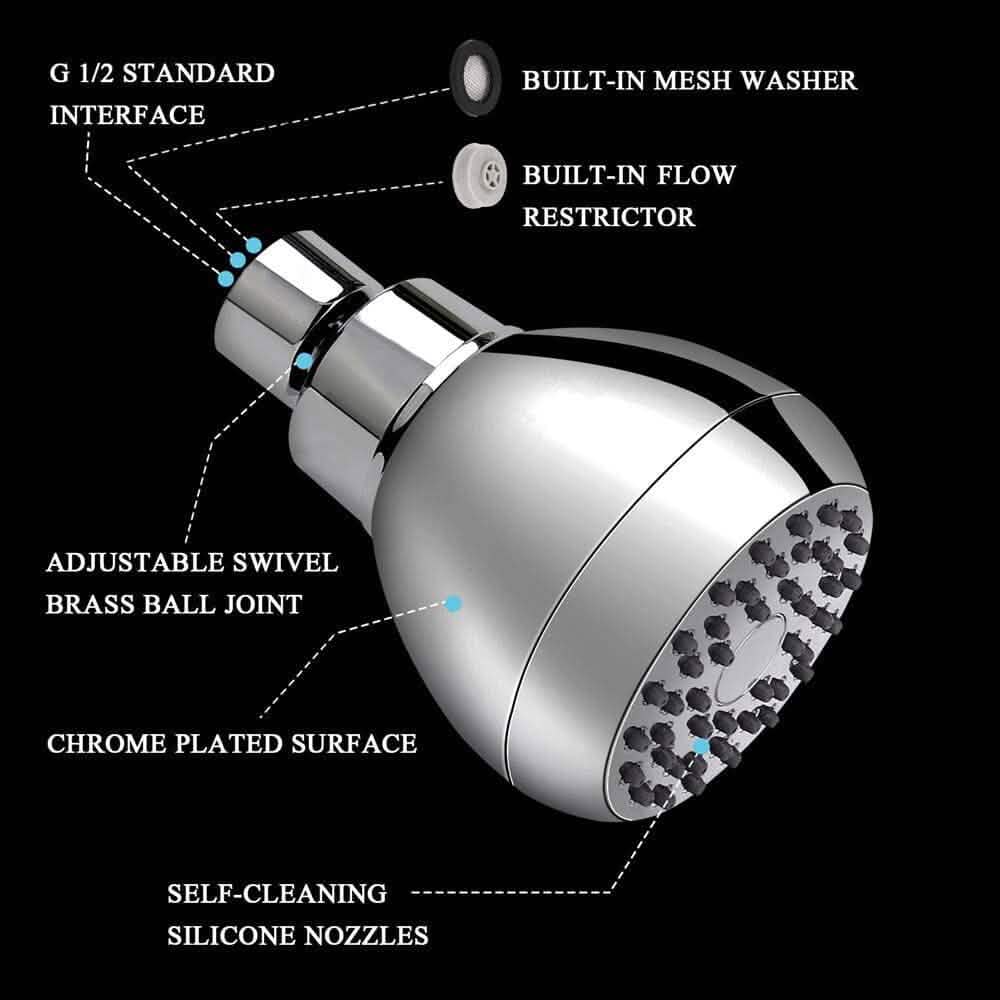 High-Pressure Fixed Showerhead with Brass Swivel Ball Joint - Anti-Clog &amp; Anti-Leak