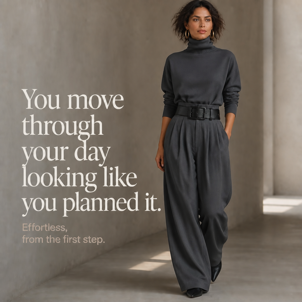 High-Waist Turtleneck and Trouser Set with Belt
