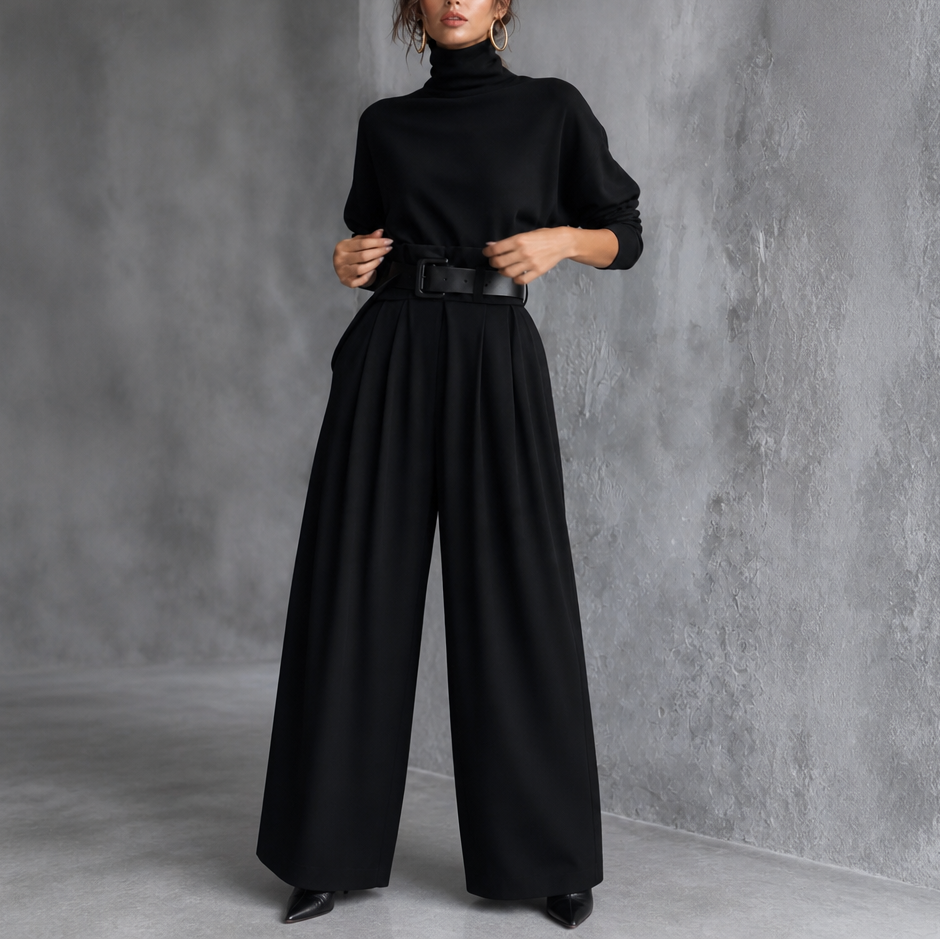 High-Waist Turtleneck and Trouser Set with Belt