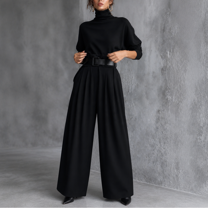 High-Waist Turtleneck and Trouser Set with Belt