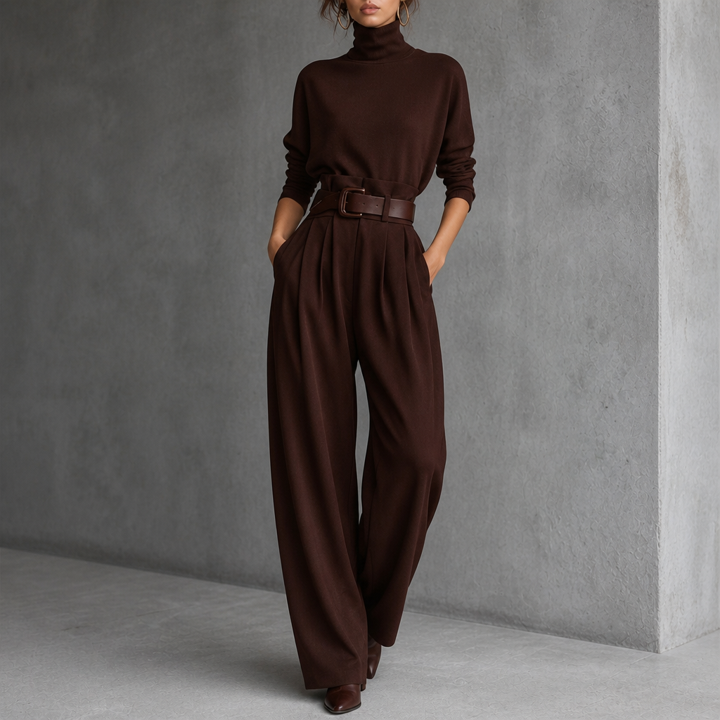 High-Waist Turtleneck and Trouser Set with Belt