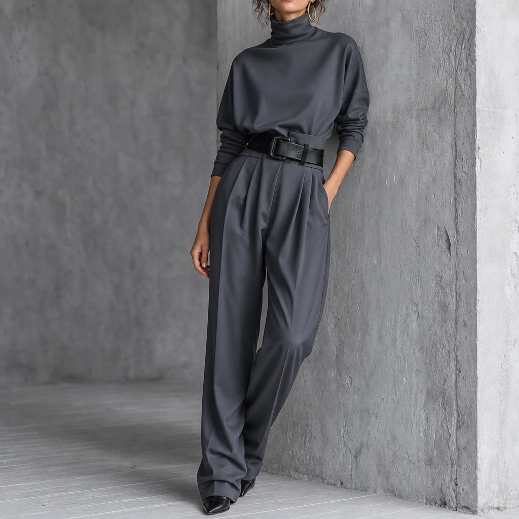 High-Waist Turtleneck and Trouser Set with Belt