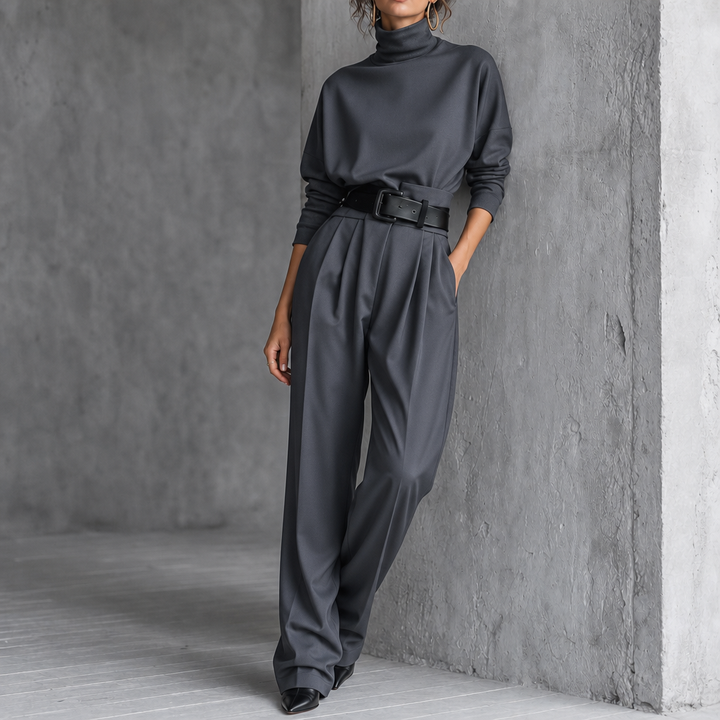 High-Waist Turtleneck and Trouser Set with Belt