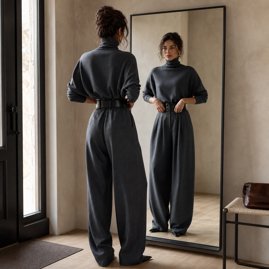 High-Waist Turtleneck and Trouser Set with Belt