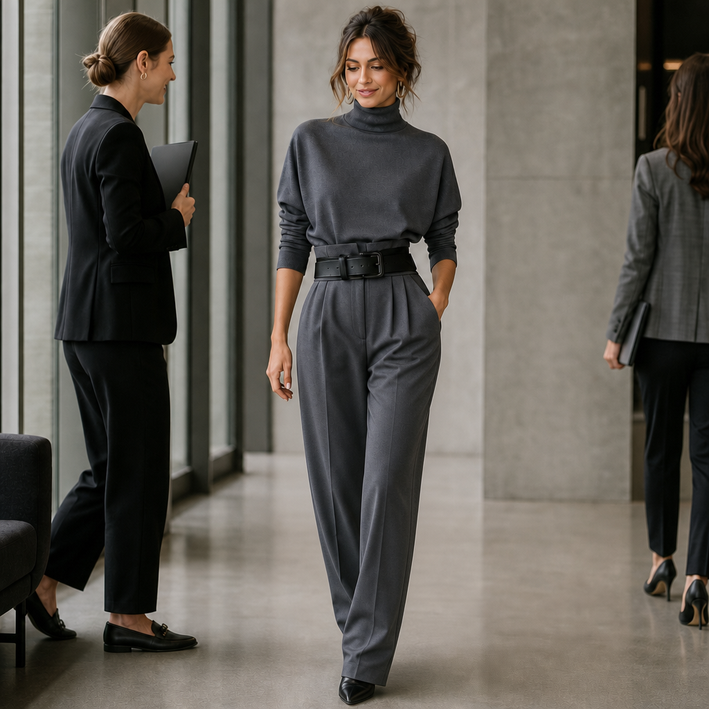 High-Waist Turtleneck and Trouser Set with Belt