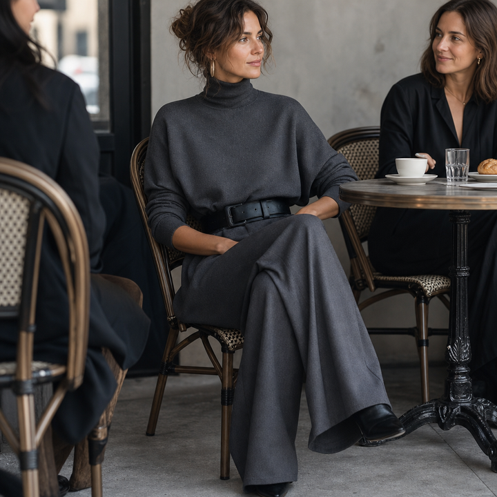 High-Waist Turtleneck and Trouser Set with Belt