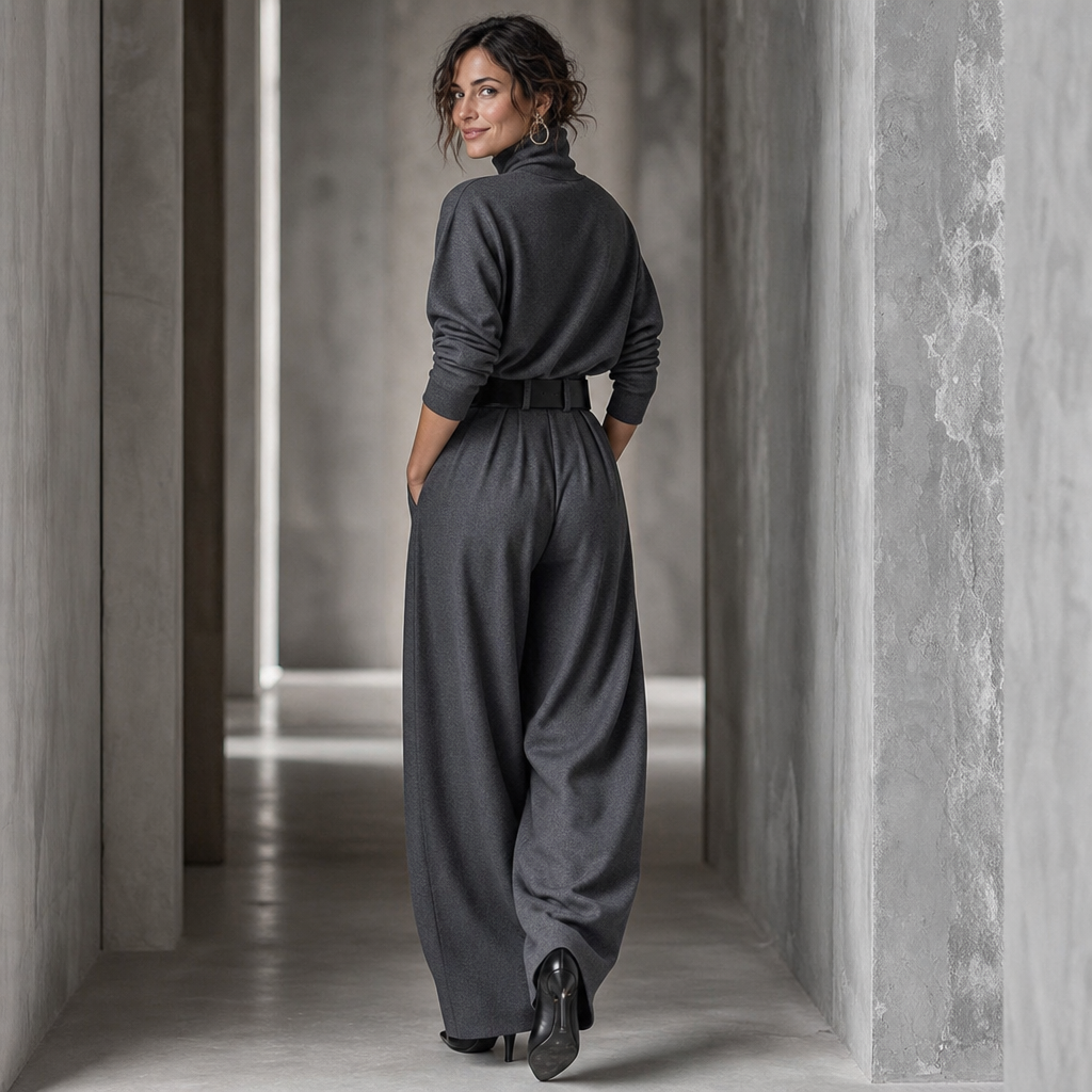 High-Waist Turtleneck and Trouser Set with Belt